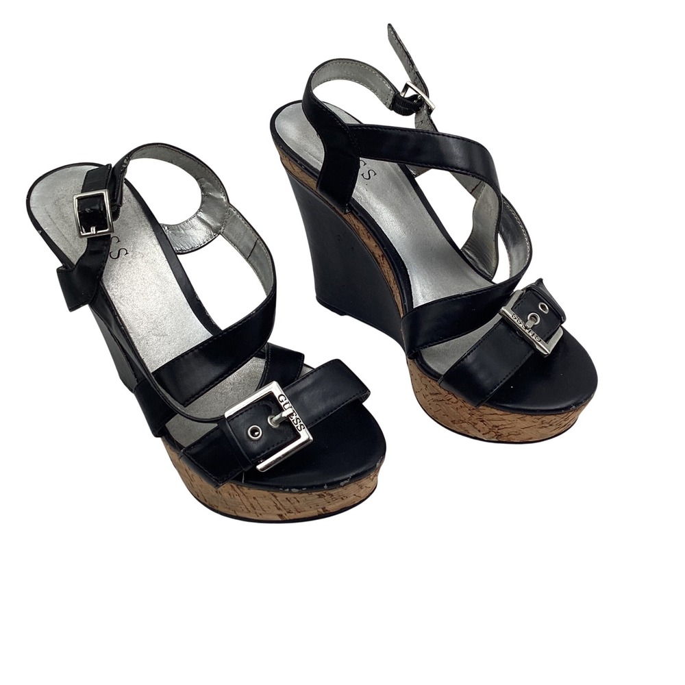 Guess Black Strappy Cork Platform Wedge Sandals Silver Buckle Accents Size 8M